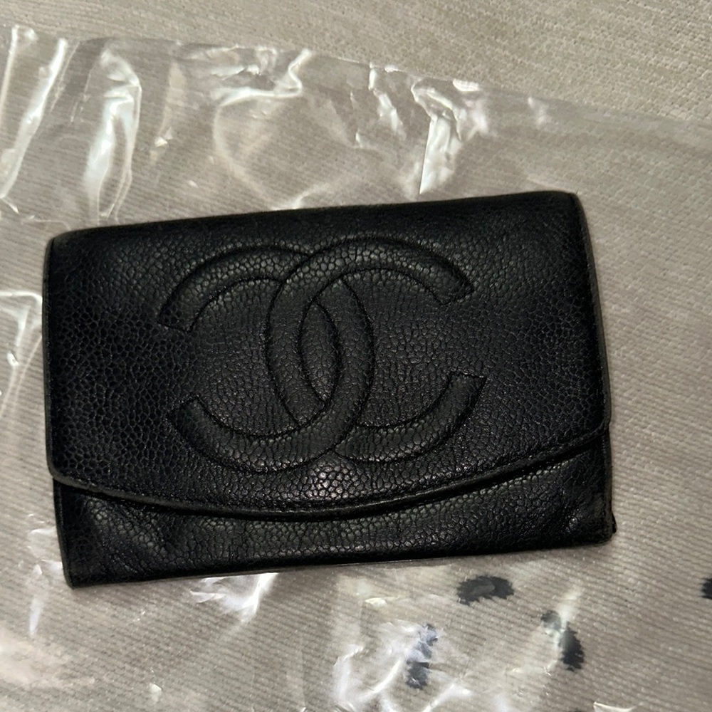 Chanel Black Leather wallet / wristlet vintage sticker intact damaged